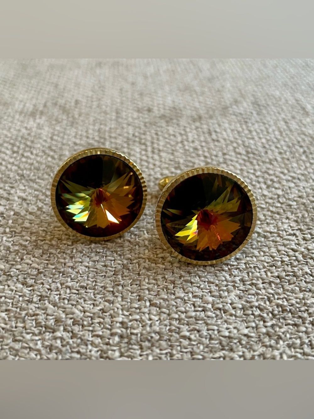 Vintage Rivoli Cufflinks Gold Tone Volcano Vitrail Glass Multicolor Statement